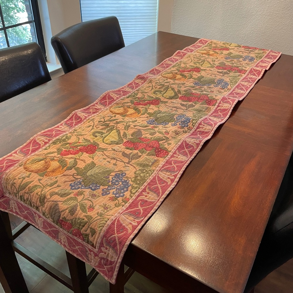 Vintage Fruit Tapestry Table Runner 17"x63" Red French Country Cottagecore Decor